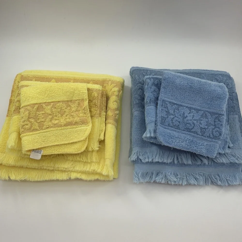 Vtg 70s Sears Yellow& Blue Fringe Bath Towel Retro MCM Damask Cotton 6 Pieces
